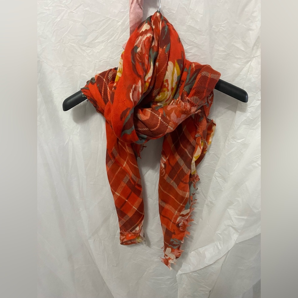 H&M Oversized Square Scarf • Orange Plaid & Floral Mixed Print • Cottagecore EUC